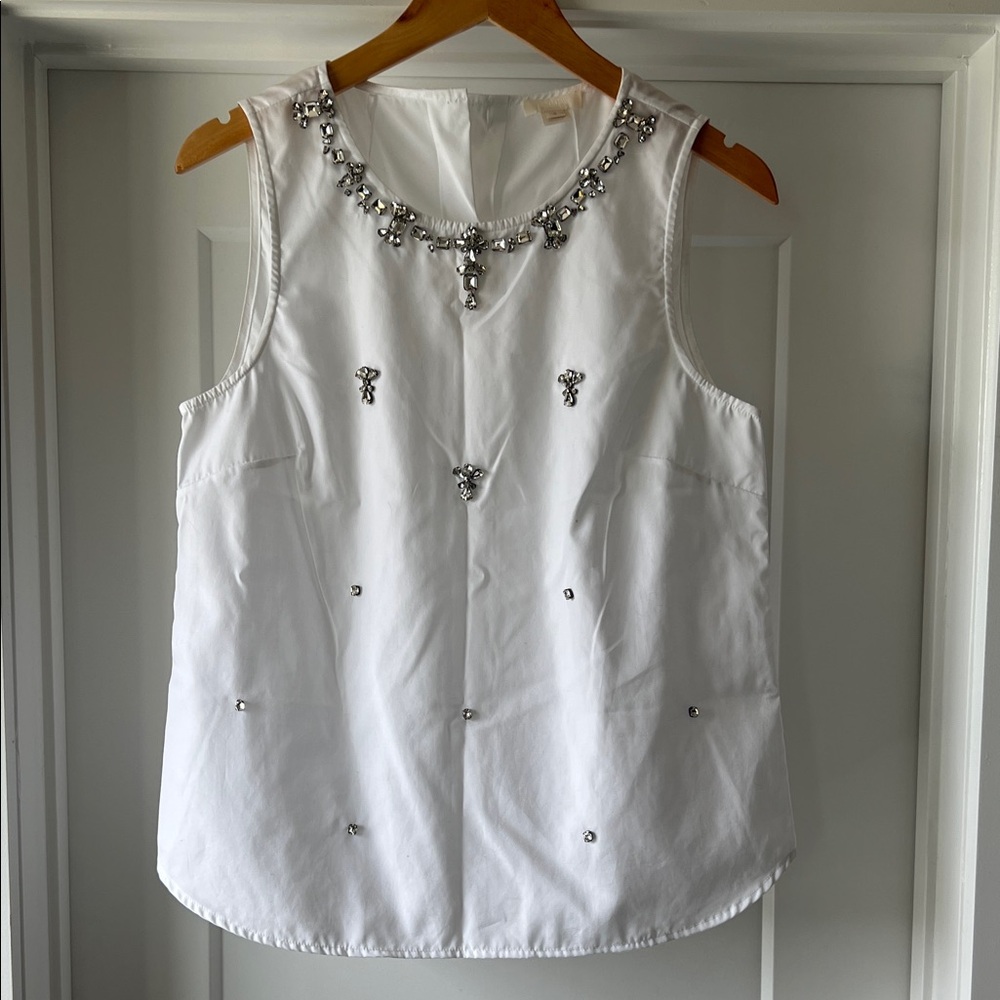 J. Crew Collection White Embellished Sleeveless Tank Top with Button back detail